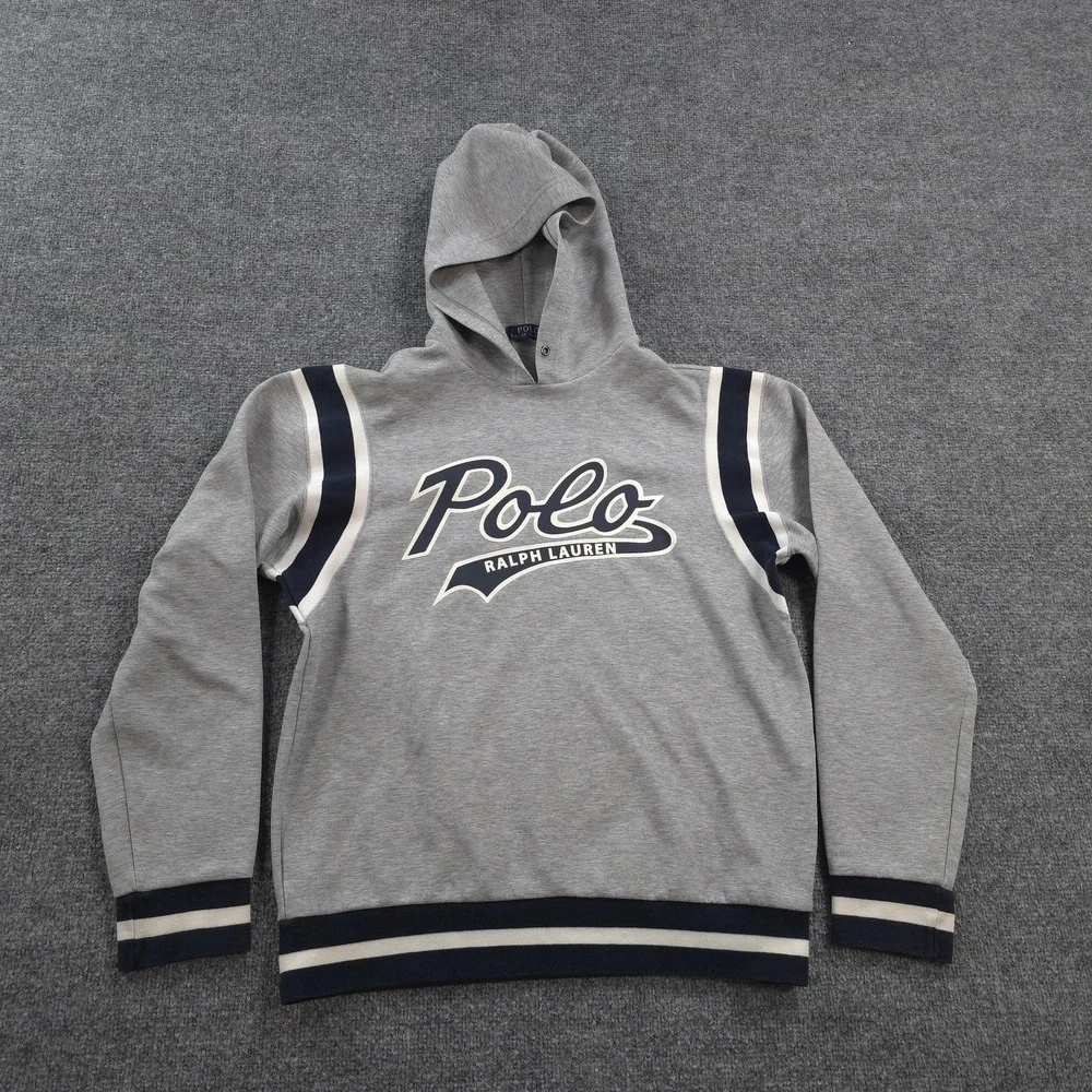 Polo Ralph Lauren Hoodie Mens Medium Gray Spellout Logo Pullover Stripe Stretch